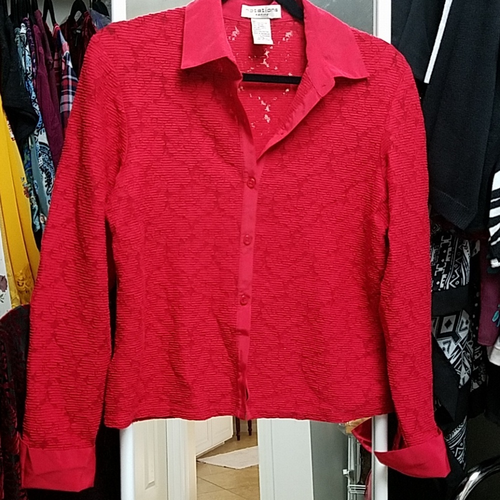 Red Stretch Lace Collared Cuffed Button Up Top